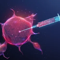 A futuristic-looking syringe injects red liquid into a cancer cell, representing artificial intelligence’s role in assisting scientific research.
