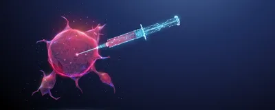 A futuristic-looking syringe injects red liquid into a cancer cell, representing artificial intelligence’s role in assisting scientific research.