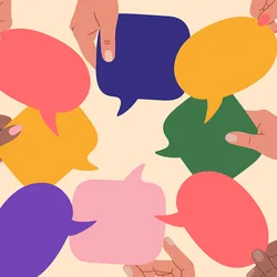Hands of different skin colors holds conversation bubbles together, representing collaboration and communication among lab members.