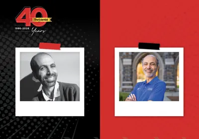 In The Scientist’s Then and Now 40th Anniversary template, Mohamed Noor smiles in a black and white photo on the left. On the right, Noor is smiling, wearing a bright blue polo shirt and stands with his arms crossed over his chest.