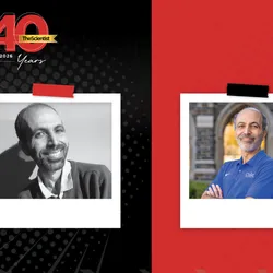 In The Scientist’s Then and Now 40th Anniversary template, Mohamed Noor smiles in a black and white photo on the left. On the right, Noor is smiling, wearing a bright blue polo shirt and stands with his arms crossed over his chest.
