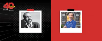 In The Scientist’s Then and Now 40th Anniversary template, Mohamed Noor smiles in a black and white photo on the left. On the right, Noor is smiling, wearing a bright blue polo shirt and stands with his arms crossed over his chest.