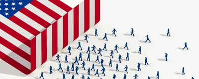 The American flag is folded up to form a wall, blocking approaching Iranian scientists walking toward it, which represents how the US has blocked Iranian scientists from acquiring visas to do research in the US.