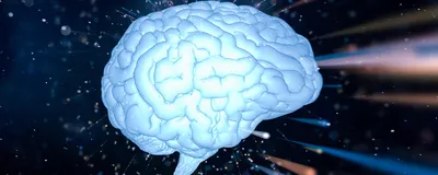 3d rendering of blue shiny brain in dark, signifying Synapto-pHluorin, a genetically encoded optical indicator of vesicle release.