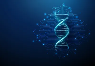DNA helix with electronic circuit lines symbolizing automated genomic technologies