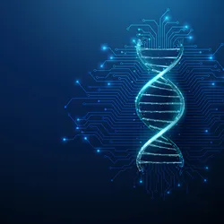 DNA helix with electronic circuit lines symbolizing automated genomic technologies