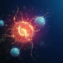 Abstract illustration of a red cancer cell containing a glowing DNA helix, surrounded by blue healthy cells. 