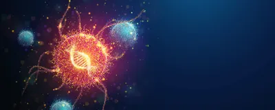 Abstract illustration of a red cancer cell containing a glowing DNA helix, surrounded by blue healthy cells. 