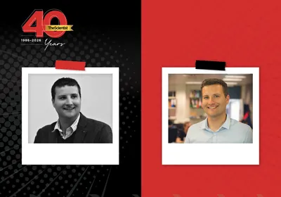 Two photographs of organic chemist Matthew Powner. On the left, a photograph of Powner from 2014 sitting at a desk in a suit is in grayscale. On the right is a more recent photo of Powner in color with short, brown hair and wearing a light colored, collared shirt in front a blurred background of a lab.  