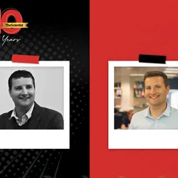Two photographs of organic chemist Matthew Powner. On the left, a photograph of Powner from 2014 sitting at a desk in a suit is in grayscale. On the right is a more recent photo of Powner in color with short, brown hair and wearing a light colored, collared shirt in front a blurred background of a lab.