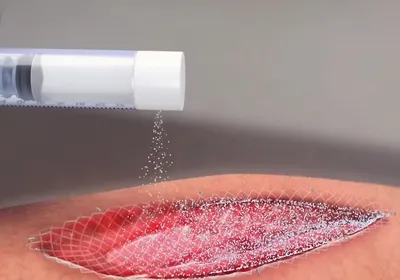 A small bottle is applying spray-on skin treatment to a burn wound.