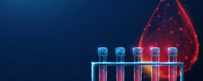  Illustrated blood-based biomarker testing tubes and a low-poly blood droplet