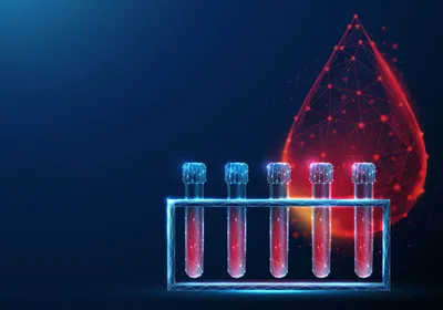  Illustrated blood-based biomarker testing tubes and a low-poly blood droplet