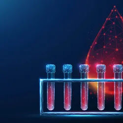  Illustrated blood-based biomarker testing tubes and a low-poly blood droplet