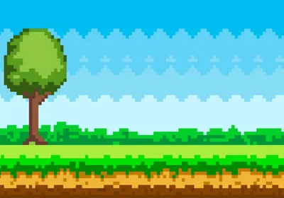 Two trees in a pixelated video-game-like background