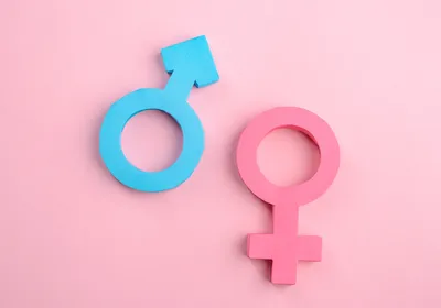 Male and female gender signs on pink background. 