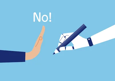 A vector illustration of blue background with a human arm extending from the left of the image holding up their hand against a robot arm entering from the right of the frame holding a pencil. Above the human’s hand, the word “No” is written in white with a white exclamation point beside it. This represents opposition to improper AI use in science writing. 