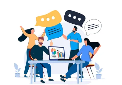 Vector image of people sitting and standing around a table. They share ideas. There are multiple speech bubbles above them.