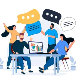 Vector image of people sitting and standing around a table. They share ideas. There are multiple speech bubbles above them.