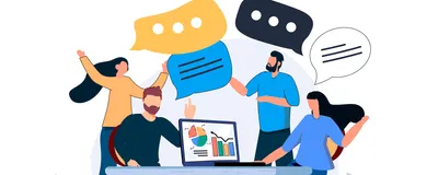 Vector image of people sitting and standing around a table. They share ideas. There are multiple speech bubbles above them.