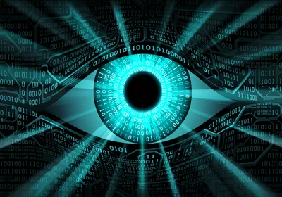 A bright blue eye peers out from a background of binary code, representing the relationship between ophthalmology and artificial intelligence.