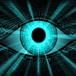 A bright blue eye peers out from a background of binary code, representing the relationship between ophthalmology and artificial intelligence.