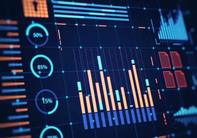 Graphs of data including bar charts and circular diagrams are shown against a dark blue background.