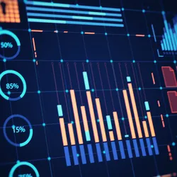 Graphs of data including bar charts and circular diagrams are shown against a dark blue background.