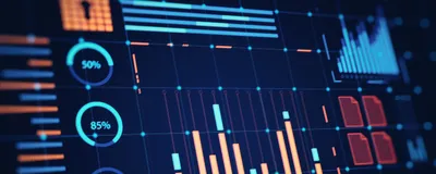 Graphs of data including bar charts and circular diagrams are shown against a dark blue background.