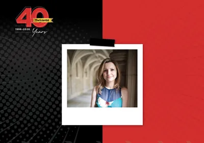A modern-day headshot of Corina Tarnita is shown standing in an outdoor walkway in The Scientist’s Then and Now 40th Anniversary format.