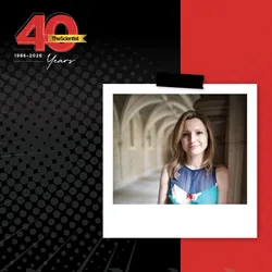 A modern-day headshot of Corina Tarnita is shown standing in an outdoor walkway in The Scientist’s Then and Now 40th Anniversary format.