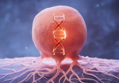 Abstract illustration of cancer cell with DNA helix made of glowing neon particles