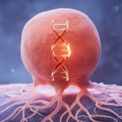 Abstract illustration of cancer cell with DNA helix made of glowing neon particles