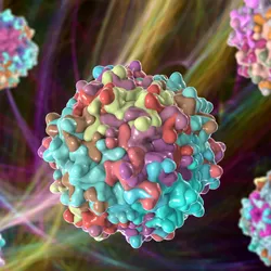 AAV capsid structure 3D illustration showing protein coat assembly, multiple particles against dark background.