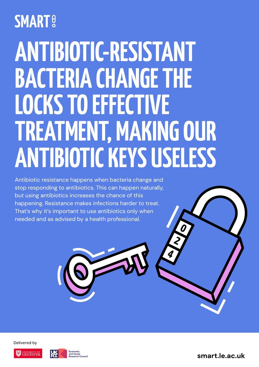A blue-colored poster says, “Antibiotic-resistant bacteria change the locks to effective treatment, making our antibiotic keys useless.” A blue-colored poster says, “Antibiotic-resistant bacteria change the locks to effective treatment, making our antibiotic keys useless.”