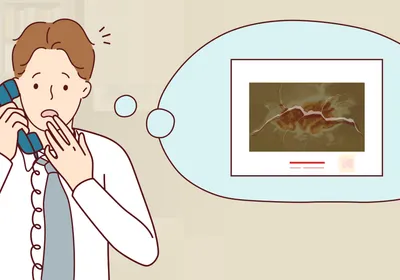 An illustration of David Brayden on a landline phone standing in a home office. He looks shocked and has a white thought bubble above him. Inside of it is an image of a glass presentation slide from the 1980s, which is framed by a white sleeve. The slide shows Brayden’s skin tissue sample stained with a dye to make the squiggly sweat glands appear red. A crack is running across the slide. 