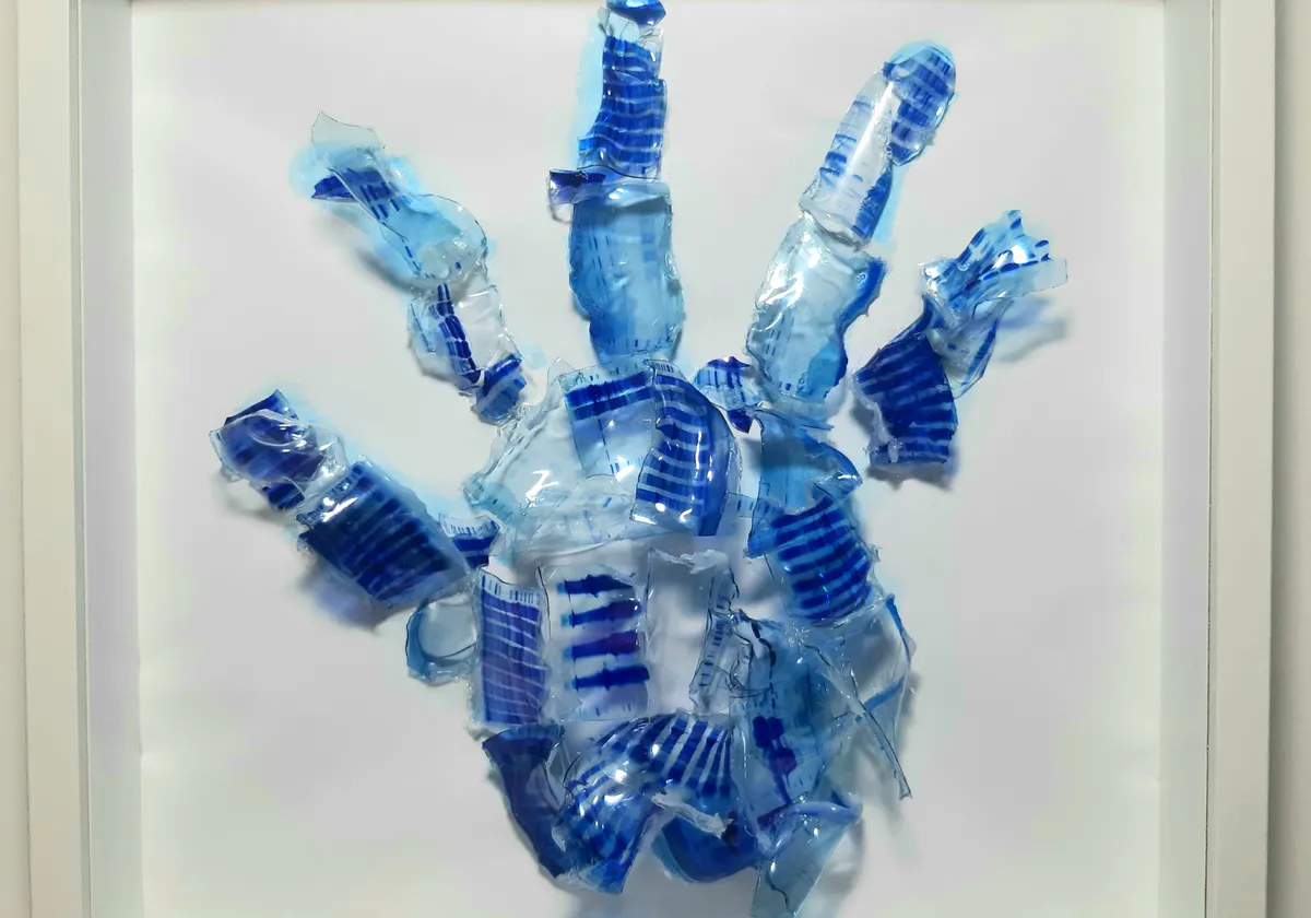 Image of dried polyacrylamide gels arranged together in a 3D flower shape.