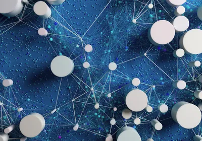 White interconnected nodes sit against a blue background, representing a citation ring of researchers.
