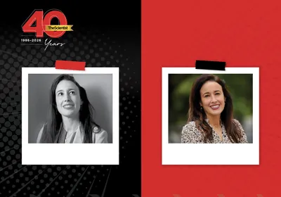Cigall Kadoch looks up in a black and white photo on the left. On the right, she smiles in a colorful photo.
