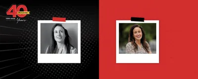 Cigall Kadoch looks up in a black and white photo on the left. On the right, she smiles in a colorful photo.