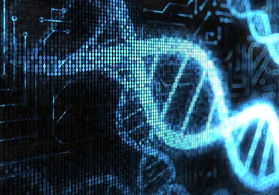 Circuit board pattern overlaid with glowing blue DNA double helix representing silicon-based gene synthesis technology 