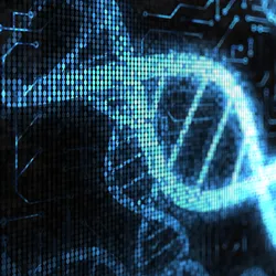 Circuit board pattern overlaid with glowing blue DNA double helix representing silicon-based gene synthesis technology 