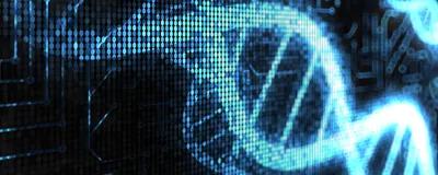 Circuit board pattern overlaid with glowing blue DNA double helix representing silicon-based gene synthesis technology