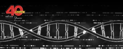 Conceptual, graylscale image of a DNA sequence depicted by light and dark grey and white dashes representing the sequence against a dark background. A DNA helix runs across the image over the sequence.