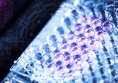 Cell culture wells viewed through a blue and purple digital network overlay, suggesting AI-guided protein engineering.