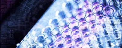 Cell culture wells viewed through a blue and purple digital network overlay, suggesting AI-guided protein engineering.