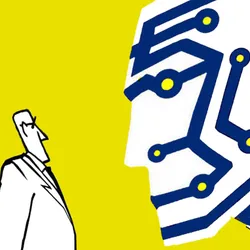 An editor is on the left standing face-to-face with the face of an AI agent, against a bright yellow background.