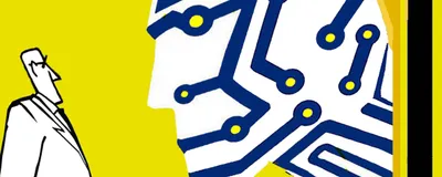 An editor is on the left standing face-to-face with the face of an AI agent, against a bright yellow background.