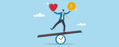 Conceptual image of a cartoon person standing on a piece of wood balanced on a clock against a blue background. In their right hand they hold a red heart, representing their passions. They have a gold coin with a dollar sign in their left hand, representing making money. The image captures the strain graduate and postdoctoral researchers experience in pursuing research amidst low salaries. 