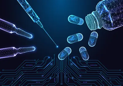 Low poly illustration of medical syringe, capsules, and vial over a digital circuit.